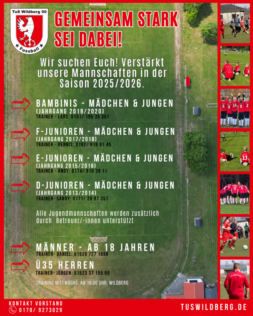 Gemeinsam stark sei dabei!
Wir suchen Euch! Verstärkt unsere Mannschaften in der Saison 2025/2026.
BAMBINIS - Mädchen & Jungen (Jahrgang 2019/2020)
Trainer - Lars: 0151/ 195 35 301
F-Junioren - Mädchen & Jungen (Jahrgang 2017/2018)
Trainer - Dennis: 0162/ 919 81 45
E-Junioren - Mädchen & Jungen (Jahrgang 2015/2016)
Trainer - Andy: 0174/ 910 38 11
D-Junioren - Mädchen & Jungen (Jahrgang 2013/2014)
Trainer- Sandy: 0171/ 20 97 357
Alle Jugendmannschaften werden zusätzlich durch Betreuer/-innen unterstützt
Männer - ab 18 Jahren
Trainer- DANIEL: 01520 727 1698
Ü35 Herren
Trainer- Jürgen: 01523 37 155 99
Training Mittwochs, ab 19:00 Uhr, Wildberg
Kontakt VORSTAND 0170/ 9273029
tuswildberg.de
