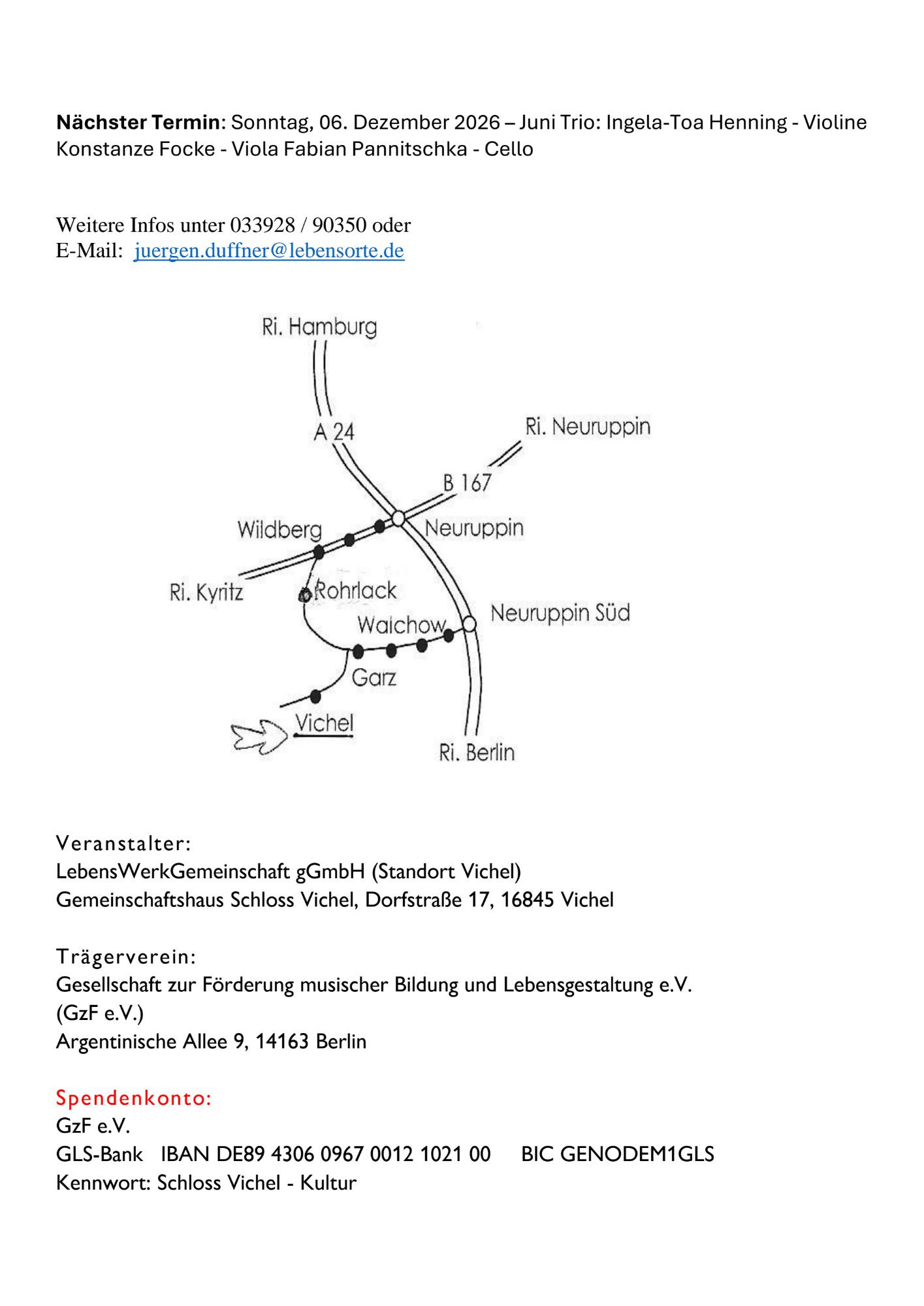Flyer Rückseite: Anfahrtsskizze nach Vichel über Neuruppin, Wildberg und Garz, nächster Termin 6. Dezember 2026 mit dem Juni Trio, Kontakt, Veranstalter und Spendenkonto