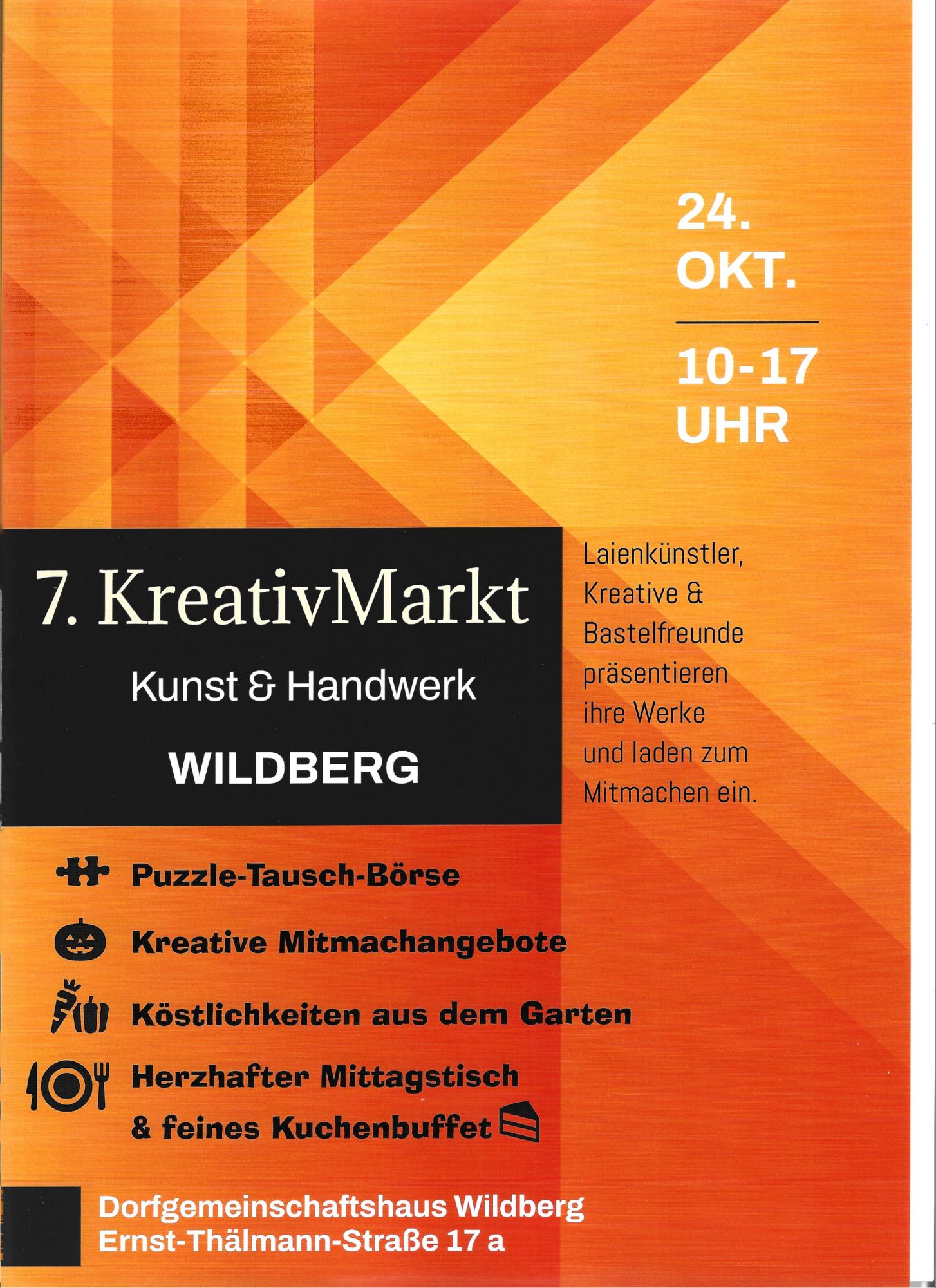 Flyer 7. KreativMarkt Kunst & Handwerk Wildberg, 24. Oktober 2026, 10–17 Uhr, Dorfgemeinschaftshaus Wildberg