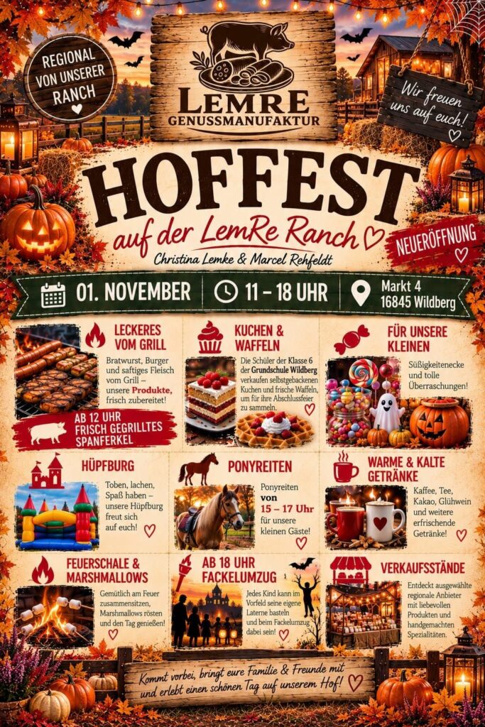 Herbstlicher Flyer der LemRe Genussmanufaktur: „Hoffest auf der LemRe Ranch – Neueröffnung“, Christina Lemke & Marcel Rehfeldt, 1. November, 11–18 Uhr, Markt 4, 16845 Wildberg; Programm mit Grill und Spanferkel ab 12 Uhr, Kuchen und Waffeln, Hüpfburg, Ponyreiten 15–17 Uhr, Getränke, Feuerschale, Verkaufsständen und Fackelumzug ab 18 Uhr
