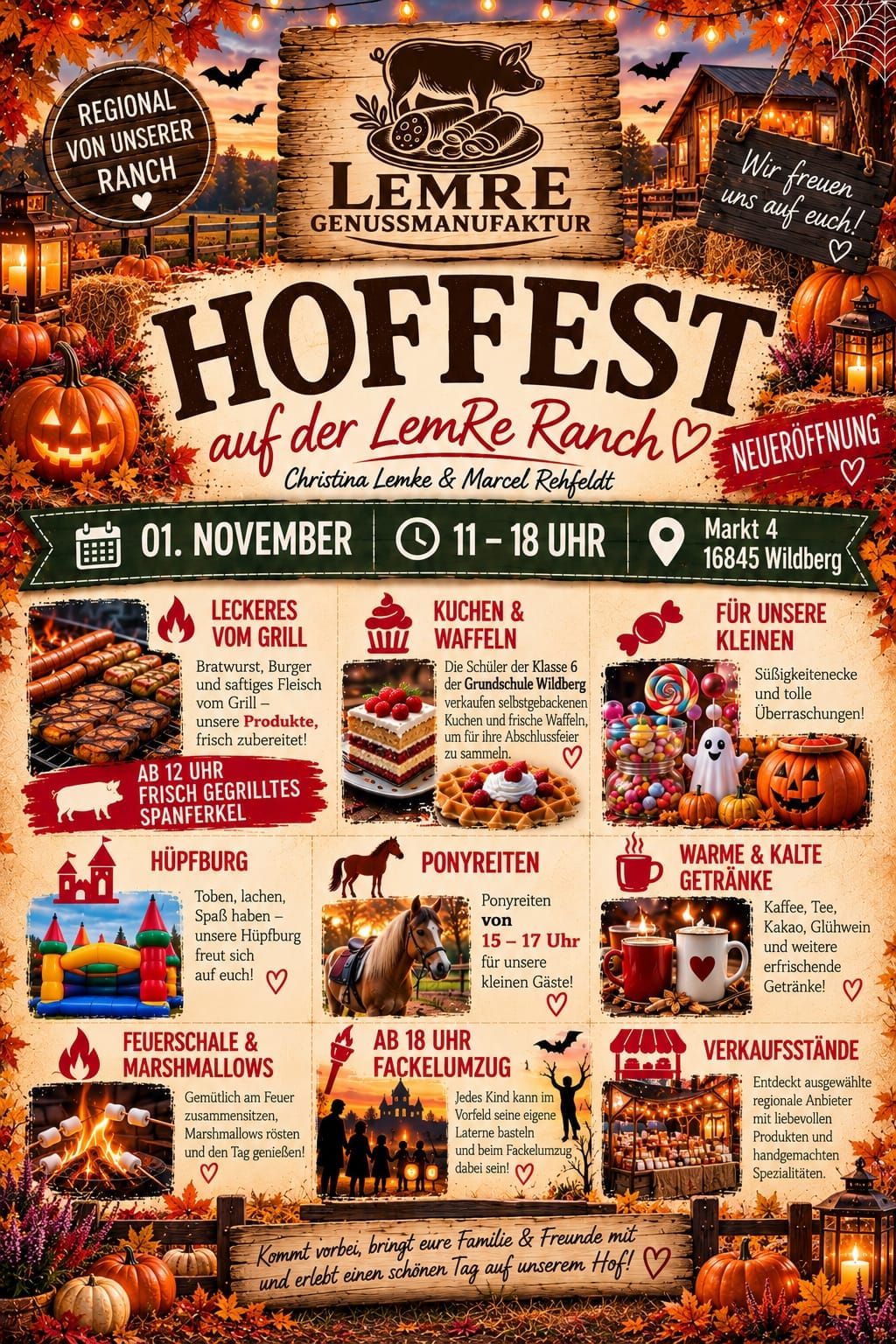 Herbstlicher Flyer der LemRe Genussmanufaktur: „Hoffest auf der LemRe Ranch – Neueröffnung“, Christina Lemke & Marcel Rehfeldt, 1. November, 11–18 Uhr, Markt 4, 16845 Wildberg; Programm mit Grill und Spanferkel ab 12 Uhr, Kuchen und Waffeln, Hüpfburg, Ponyreiten 15–17 Uhr, Getränke, Feuerschale, Verkaufsständen und Fackelumzug ab 18 Uhr