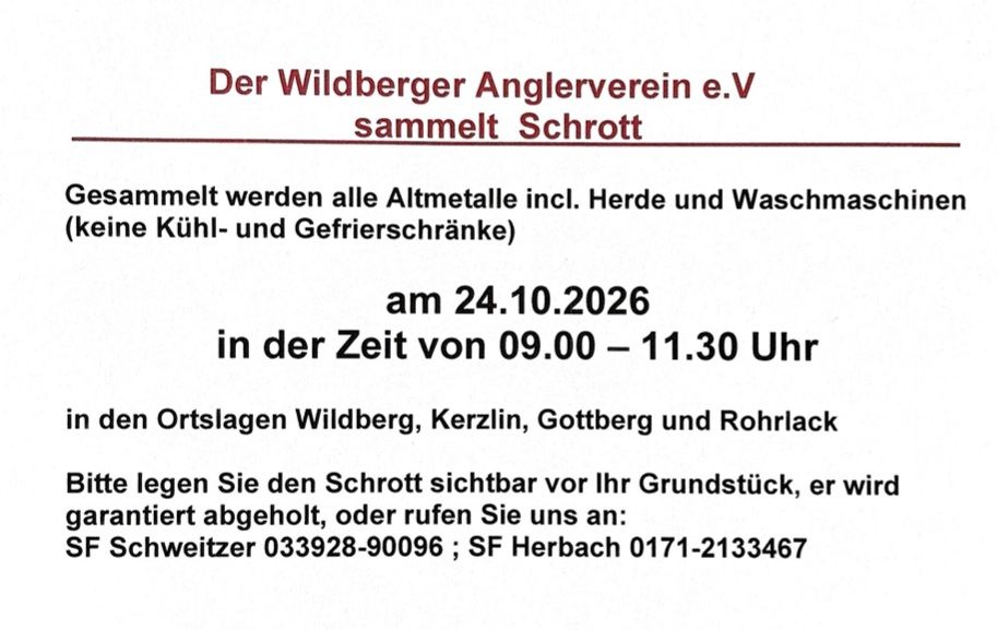 Flyer: Der Wildberger Anglerverein e.V. sammelt Schrott am 24.10.2026 von 9:00 bis 11:30 Uhr in Wildberg, Kerzlin, Gottberg und Rohrlack