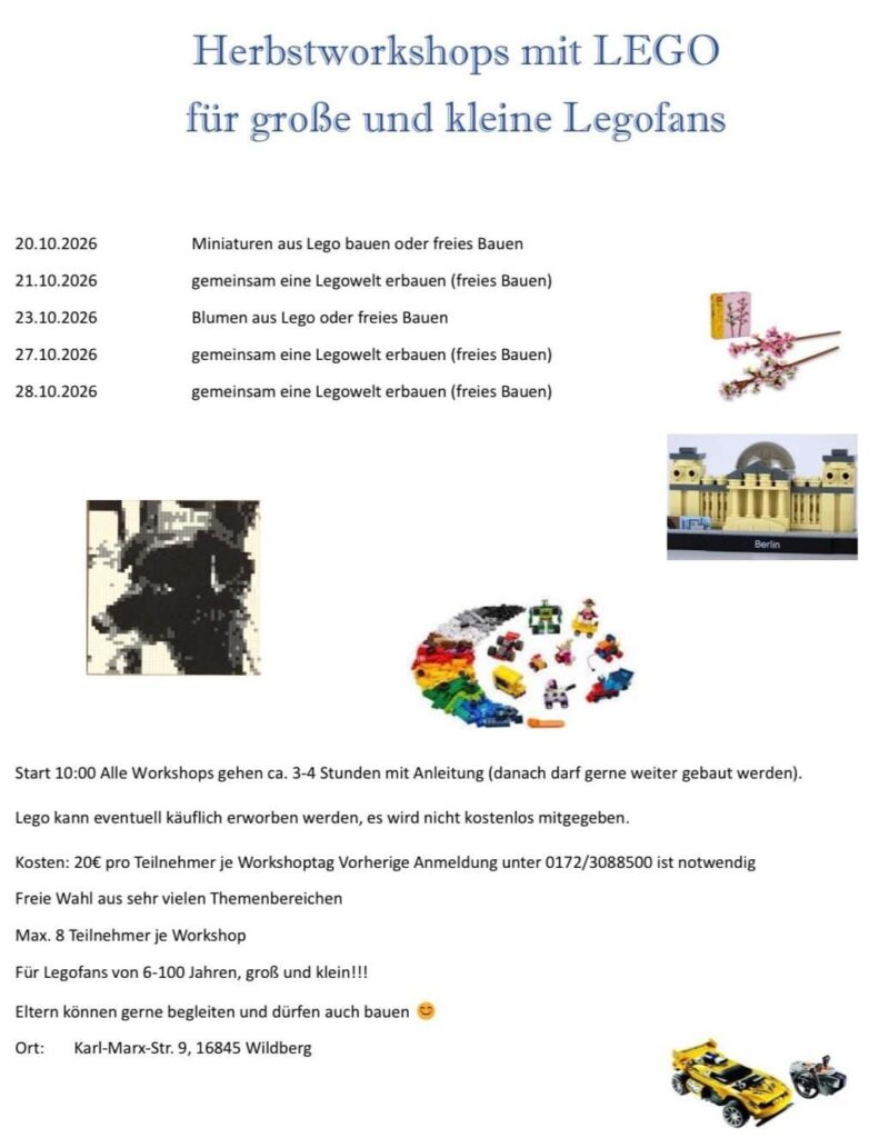 Flyer Herbstworkshops mit Lego 2026 – Sam's Steinescheune Wildberg