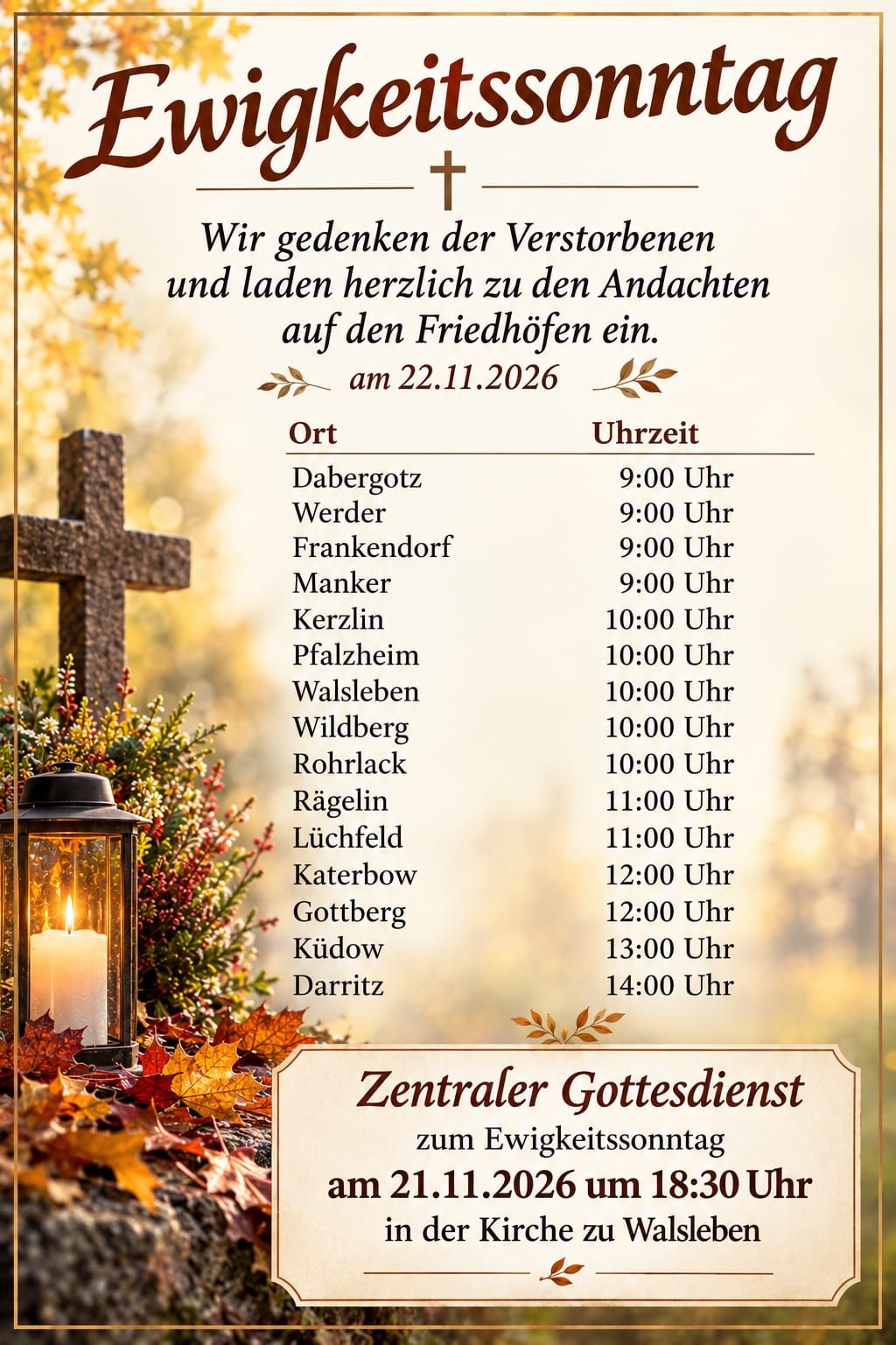 Flyer „Ewigkeitssonntag“: Andachten auf den Friedhöfen der Region am 22.11.2026 mit Orten und Uhrzeiten sowie zentraler Gottesdienst am 21.11.2026 um 18:30 Uhr in der Kirche zu Walsleben