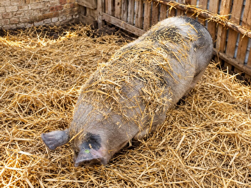 Schwein liegt im Stroh auf der LemRe Ranch